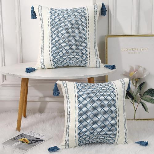 PANOD Set of 2 Boho Cotton Knitted Decorative Throw Pillow Covers with Tassel Blue and White,Modern Accent Classical Farmhouse Jacquard Squard Pillow Cover Cushion Case for Sofa Couch,18X18