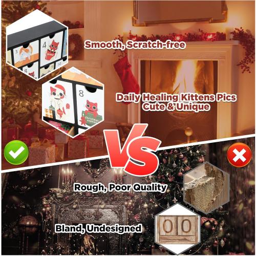 SUNGIFT Wooden Advent Calendar with Drawers - Refillable Christmas Countdown Calendar with Cute Cat Design for Gifts