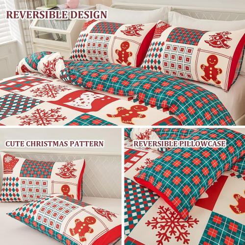 Dobuyly Christmas DuveSet Queen Christmas Tree Snowflake Bell Pattern Patchwork Bedding Set Reversible Red Green Plaid Xmas Comforter Cover with 2 Pillowcases