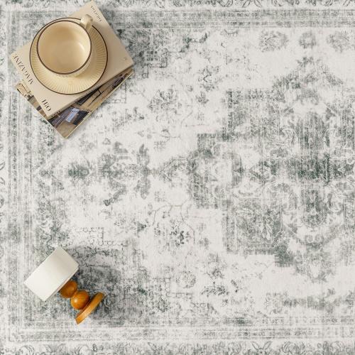 PureCozy Washable Rug 9x12 Area Rug for Living Room Gray Vintage Boho Medallion Large Grey Distressed Retro Carpet Non Slip Indoor Low Pile Small Soft Bedroom Dining Room Home Office