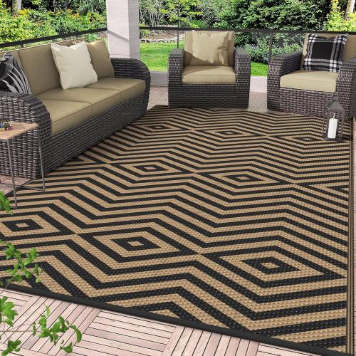 GENIMO Outdoor Rug for Patio Clearance, 8'x10' Reversible Plastic Straw Rugs, Lightweight Waterproof Modern RV Camping Mat for Camper, Balcony, Deck, Backyard, Picnic, Black Brown