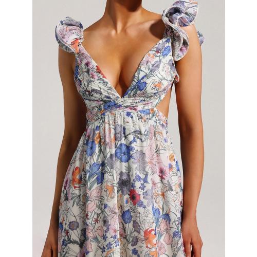 XL Neck Strappy Floral Maxi Puff Sleeves Tea Party Dress Cut Out Waist Detail Pleated Boho Dress
