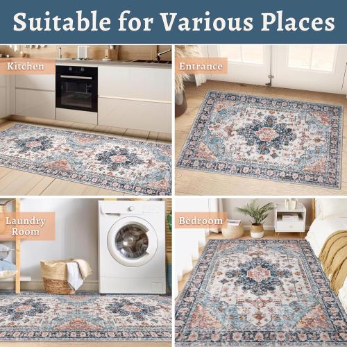Blue/Beige Tangsoo Vintage Rug 2x3 Washable Rug for Entryway, Non Slip Small, Indoor Front Door, Print Distressed Blue/Beige Door Mat Carpet, Soft Low Pile Rugs for Entrance Kitchen Bedroom Bathroom