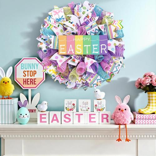 Waipfaru Easter Wreaths for Front Door, 18 Inch Handmade Mesh Bow Spring Wreaths with Wooden “Happy Easter” Sign, for Indoor Outdoor Home Farmhouse Table Mantel Window Wall Decor