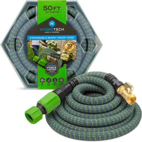 HydroTech 50 ft Expandable Garden Hose - Burst Proof & Lightweight, Flexible Water Hose with Durable Reinforced Latex Core & Solid Brass Fittings for Lawn, Garden, Car Washing