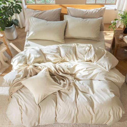 MooMee Bedding Duvet Cover Set 100% Washed Cotton Linen Like Textured Breathable Durable Soft Comfy (Heathered Almond Milk Grey, Twin 68x90)
