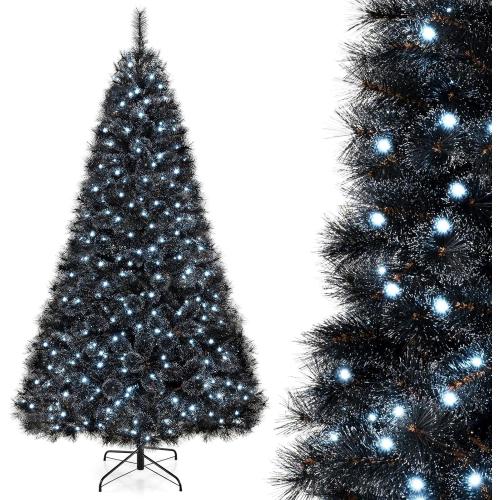 HAPPYGRILL 8 FT Pre-lit Black Christmas Tree, Artificial Halloween Tree w/860 Branch Tips, Frosted Pine Needles, 450 White LED Lights, Folding Metal Stand & Gloves, Hinged Xmas Tree for Carnival