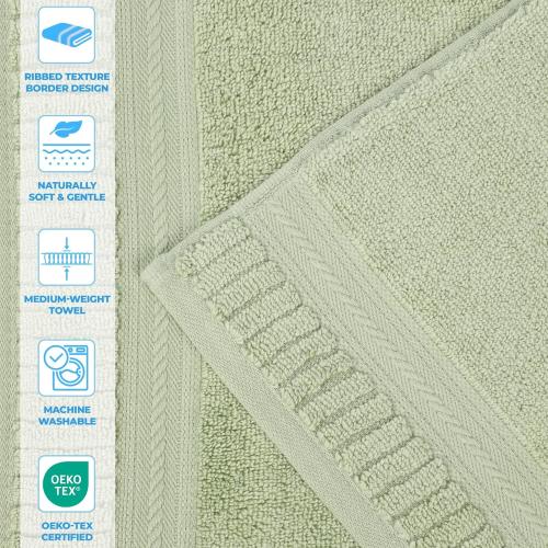 Superior Venice Zero Twist Cotton Medium Weight Bath Sheets, for Guest Bath, Bathroom, Shower, Spa, Plush Towels, Essentials, Ribbed Textured Border, Oversized Towels, Set of 4 , Green , 3 big and one small