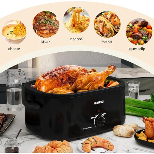 26 Quart Electric Roaster Oven with Visible & Self-Basting Lid, Large Turkey Roaster with Defrost Warm Function, Adjustable Temperature, Removable Pan Rack, Stainless Steel, Black
