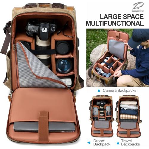 Padwa Lifestyle Khaki Camera Backpack - Waxed Memory Canvas Camera Bag, Multi DSLR SLR Large Camera Backpacks for Photographers with 16” Laptop & Lens Compartment and Tripod Holder & Weather Resistant