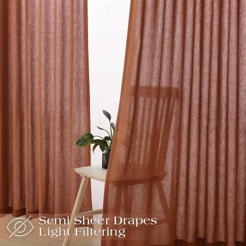 Terracotta Linen Curtains 120 Inches Long 2 Panels for Living Room Pinch Pleated Light Filtering Semi Sheer Window Curtains Boho Farmhouse Earthy Terra Cotta Rust Clay Autumn Room Decor Drapes