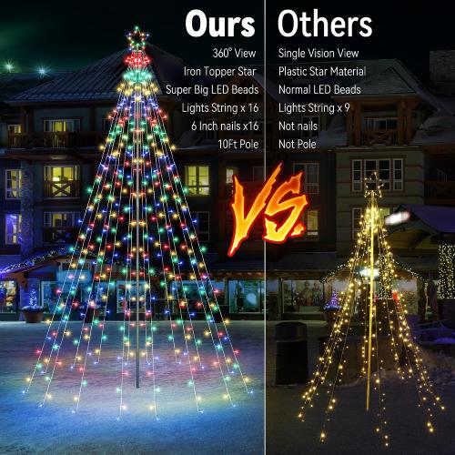 Lomotech Christmas Tree Lights - 10Ft 404 LED with 7.08 Topper, Remote Controll Waterproof Iron Pole Waterfall Lights for Outdoor Christmas Decorations (Multicolor)