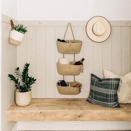 OrganiHaus Over the Door Hanging Basket for Organizing, 3-Tier Hanging Wall Basket for Storage, Boho Nursery Decor for Wall, Behind Door Wall Storage, Wall Organizer for Office, Wall Toy Storage Honey