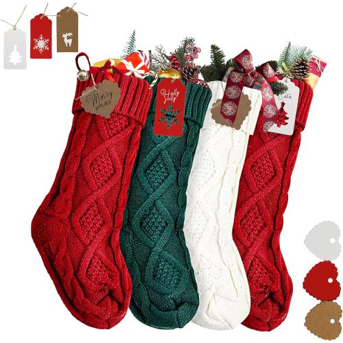 RFAQK 18 Inches Large Christmas Stockings 4 Pack - Burgundy Red, Ivory White, Green - Stretchable Knitted Xmas Stockings with 50Pcs Personalizeable Gift Tags for Family Holiday Christmas Décor