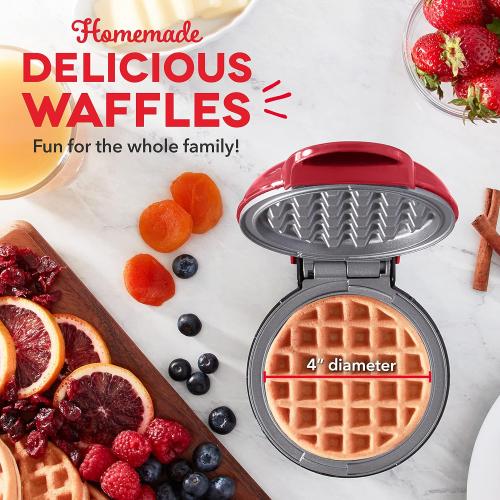 Dash Deluxe Mini Waffle Maker- Compact, Easy-to-Clean Breakfast Appliance - Convenient Cord Wrap - Cleaning Brush Included - 4-Inch - Apple Red‼️light dirt‼️