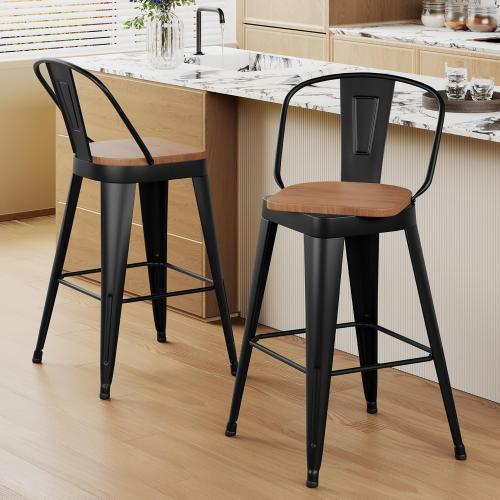 Aklaus Swivel Metal Bar Stools 26 inch Swivel Counter Height Barstools Set of 2 Modern Farmhouse Bar Chairs with High Backs and Large Wooden Seat for Kitchen Island Dining Room Matte Black