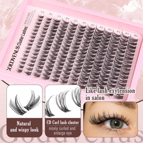 Goddvenus Lash Clusters Wispy Lashes Clusters Like Eyelashes Extension in Salon Natural DIY Cluster Eyelash Extensions for 5-7 days 9-16mm D Curl Fluffy DIY Individual Lashes (192pcs D Curl)
