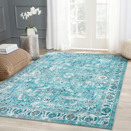 Doria Boho Area Rug, 3'6''×5'6'' Washable Oriental Rug, Non-Slip Vintage Floral Rug, Non-Shedding Traditional Carpet with Low Pile for Living Room, Bedroom, Dining, Office, Turquoise Blue