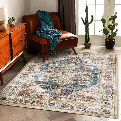 Washable Vintage Area Rug 6'x9' Boho Beige Blue Chic Medallion Distressed Design Non-Shedding Easy Care Ideal for High Traffic Areas in Living Room Bedroom Kitchen Office Large Carpet