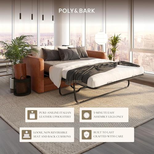 POLY & BARK Napa 82 Leather Pull‑Out Sleeper Sofa – Full‑Grain Italian Leather Upholstery,Tri‑Layer Mattress & Storage Console –Sophisticated Multi‑Functional Sofa Bed for Living Rooms & Guest Spaces