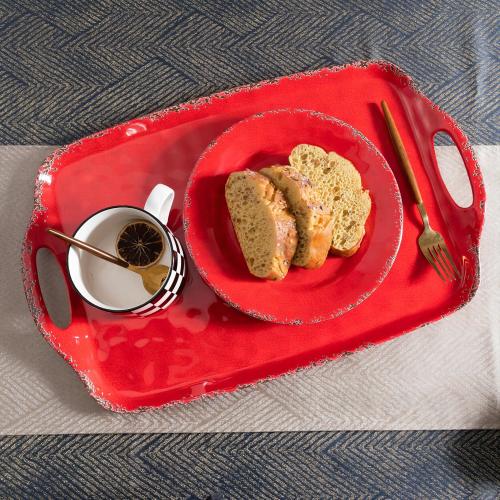 Set of 2 Color Red Christmas Large Melamine Serving Tray with Handle, Crackled Rustic Rectangle Melamine Serving Platter for Serving Food, Coffee Table Tray, Entertaining & Party Use, Set of 2, Christmas Red