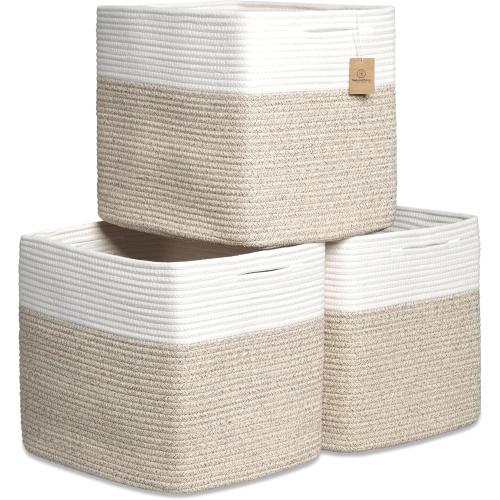 NaturalCozy 13x15x13 Kallax Storage Cubes Bins, 3 Pack | Cotton Rope Cube Storage Bin Woven Baskets for Organizing | Kallax Insert Storage Baskets for Shelves Organizer, Kids Toy, Closet Baby Nursery