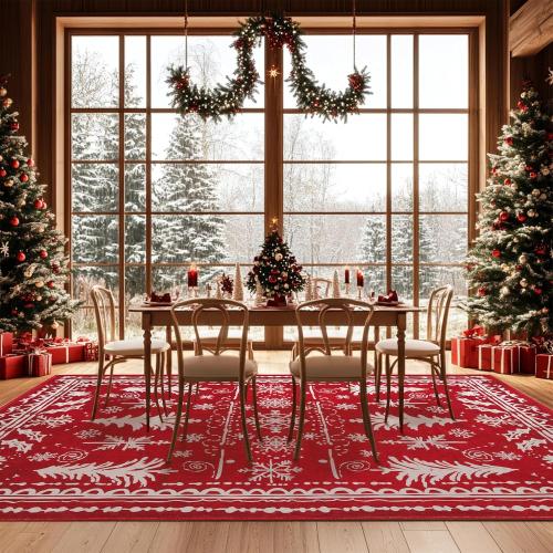 Christmas Decorative Rug 6x9 for Bedroom Living Room Christmas Tree Area Rug Indoor Throw Area Rug Washable Non Slip Low Pile Rug for Dining Room Home Study Holiday Decor(Xmas Tree Red,6x9ft)