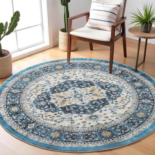 Carvapet Round Rugs, Vintage Circle Rug, Washable Non Slip Rubber Backing Foldable Low Pile for Living Room Bedroom, 4 ft Dark Blue Rug