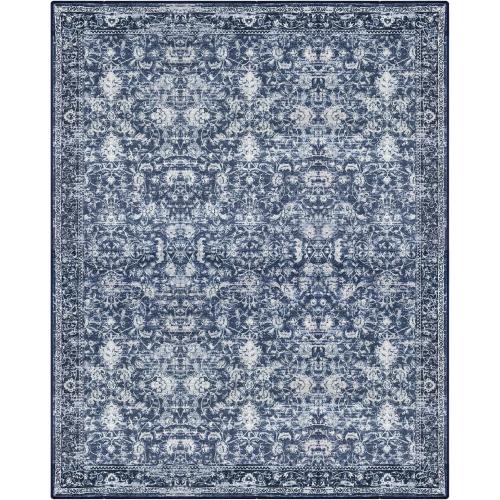 KILOCOCO Area Rug 8x10 Living Room Rug Washable Printed Vintage Floral Non Slip Soft Rubber Backed Indoor Bedroom Rugs for Laundry Room Kitchen Playroom Moroccan Area Rugs, Blue