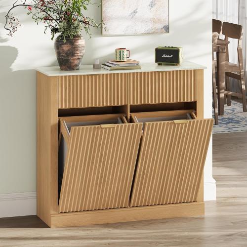 Double Tilt Out Trash Can Cabinet,20 Gallon Fluted Laundry Hamper Cabinet with 2 Drawers,Freestanding Wooden Hidden Garbage Can Cabinets with 2 Laundry Storage Basket for Kitchen,Living Room,Natural