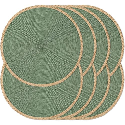 Green 15 Pack of 8 Noctiflorous 15 Inch Round Braided Placemats Set of 8 Washable Wipeable Easy Clean Heat Resistant Woven Dining Table Mats Decor for Holiday Parties Indoor Outdoor Daily Use(Green Thin Edge, 8)