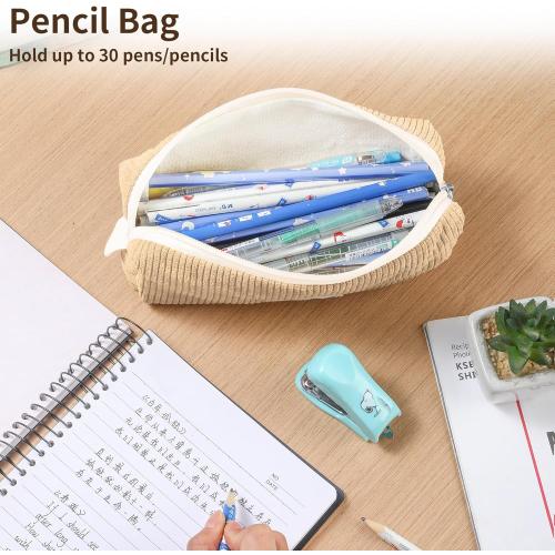 Pencil Bag Pen Case, Soft Corduroy Small Pencil Pouch Organizer with Zipper, Cute Pencil Case Pouch Stationery for Girls and Boys – Apricot