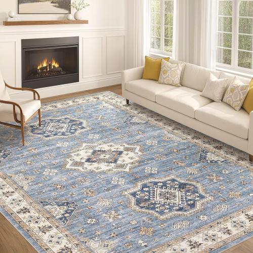 Washable Area Rugs for Living Room -Neutral Vintage Distressed Floral Farmhouse Boho Large Soft Floor Rug Indoor Non Slip Carpet for Living Room Bedroom Dining Room Office - Blue