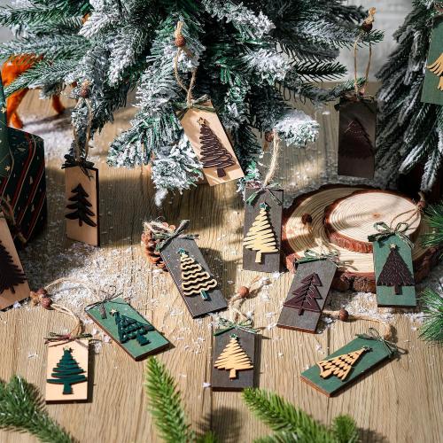 Civaner 24 Pcs Rustic Christmas Tree Ornaments Farmhouse Ornaments for Tree Natural Wooden Label Hanging Decorations for Home Office Fireplace Wreath Garland Winter Holiday Xmas Party Decor (Green)
