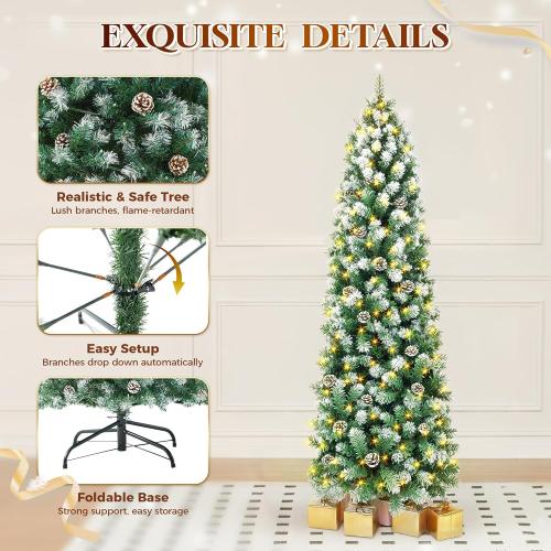 HOLLO STAR 7.5 ft Prelit Christmas Tree with 304 LED Lights, App Control, Slim Pencil Christmas Tree, Multi-Color RGBW Lights, 950 Flocked Frosted Tips, Xmas Tree, 72 Pine Cones, for Home, Party