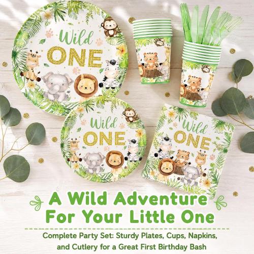 120PCS Wild One Party Supplies for Boys 1st Kids First Birthday Party Jungle Animal Safari Decorations Woodland themed Tableware Set Plates Napkins Cups Set for 20 Guests