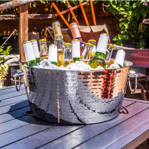 BREKX Insulated Hammered Stainless Steel Beverage Tub & Ice Bucket, 12 Qt | Double-wall insulated tub keeps beer, wine and champagne chilled. Double-hinged handles make carrying easier.