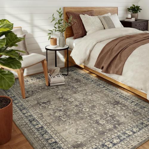 Area Rugs for Living Room, Machine Washable Non Slip Rug, Soft Low Pile Carpet for Bedroom Dining Home Office, Vintage Brown Distressed Floral Floor Mat