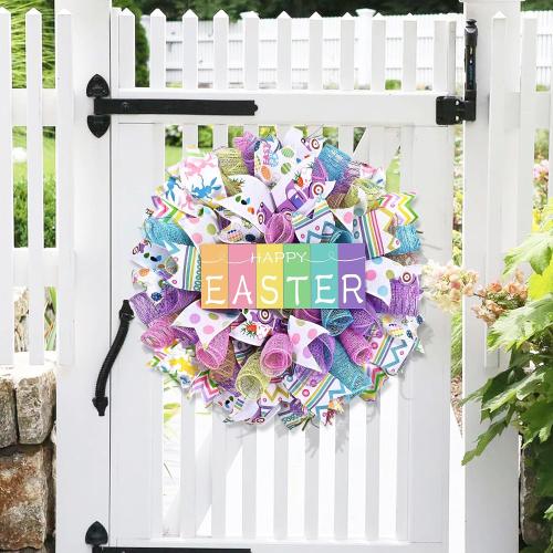 Waipfaru Easter Wreaths for Front Door, 18 Inch Handmade Mesh Bow Spring Wreaths with Wooden “Happy Easter” Sign, for Indoor Outdoor Home Farmhouse Table Mantel Window Wall Decor