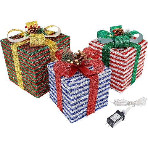 Lulu Home Christmas Lighted Boxes, 60 LED Light Up Collapsible Deocr Indoor Outdoor, Plug in Light Up Christmas Boxes Present Decorations Indoor Outdoor Yard