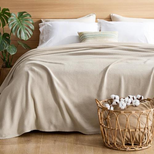 Bedsure GentleSoft 100% Cotton Blanket Queen Size for Bed - Cooling Breathable and Lightweight, Soft Cozy Textured Herringbone Woven Summer Blanket for Home Decor, Linen Beige, 90x90 inches
