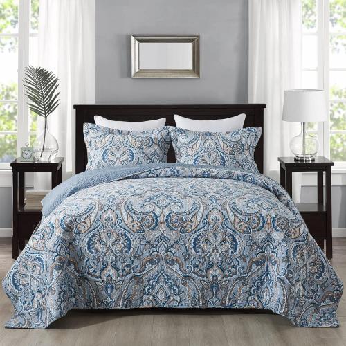 Blue and Brown Cotton Bedspread Quilt Sets-Reversible Patchwork Coverlet Set, Floral Pattern