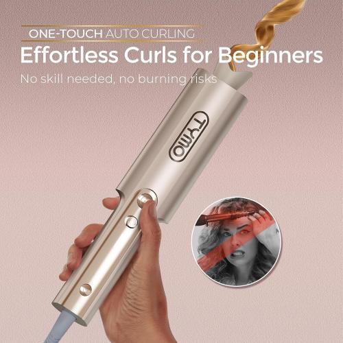 TYMO CurlPro Plus Automatic Rotating Curling Iron - Upgraded Long Barrel Curling Wand for Beach Waves & Long Hair, Ceramic Hair Curler for Women, Anti-Scald, 600M Ionic, Dual Voltage, Gold, 1 Inch