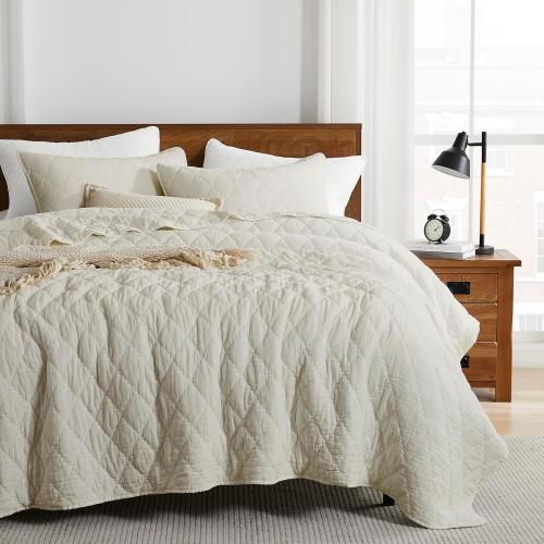 Beige Queen Size palassio Beige Queen Size Quilt Set, Muslin Cotton Shell Down-Alt Poly Filling, Soft Shabby Chic Rustic Farmhouse Country Bedspread, Lightweight Textured Gauze Coverlet, Lightweight Bedding, 2 Shams
