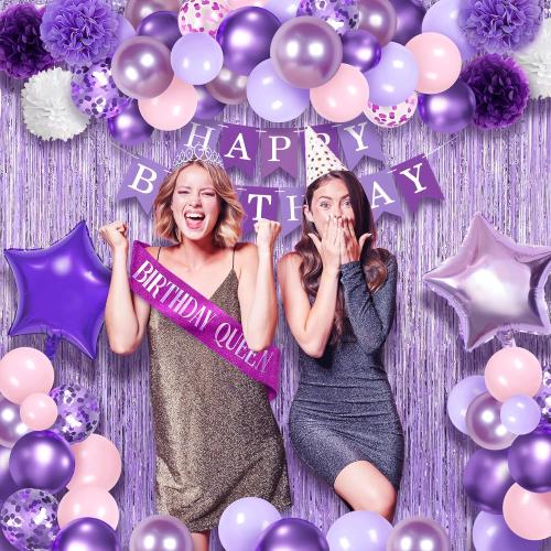 Party Spot! 199 Pcs Purple Birthday Party Decorations For Women，Happy Birthday Party Decorations For Girls, 100 Pcs Paper Plates,Napkins and Forks for 20 Guests,Bday Sash and Crown,20 Tableware Sets