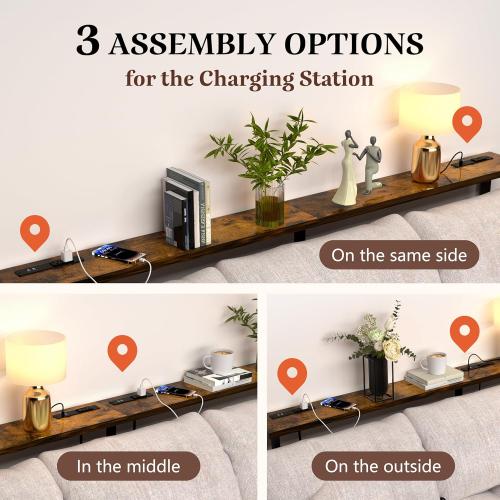 GRLEAF 78 Sofa Table with Built-in Power Strip (4 AC Outlets & 4 USB Ports) – 4.9ft Power Cord, Metal Frame, Easy Assembly, Long Couch Table Behind Sofa, Living Room and Home Office | Rustic Brown