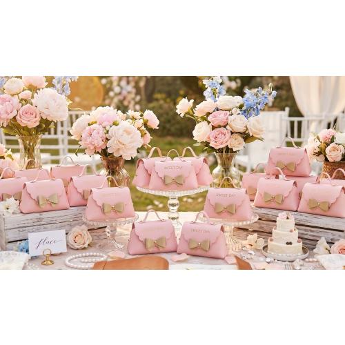 Dandat 24 Pcs PU Leather Bowknot Gift Boxes 5x3 Inch Reusable Candy Favor Bags with Handles, Elegant Mini Handbag Purse for Wedding, Birthday, Party Favors(Pink)
