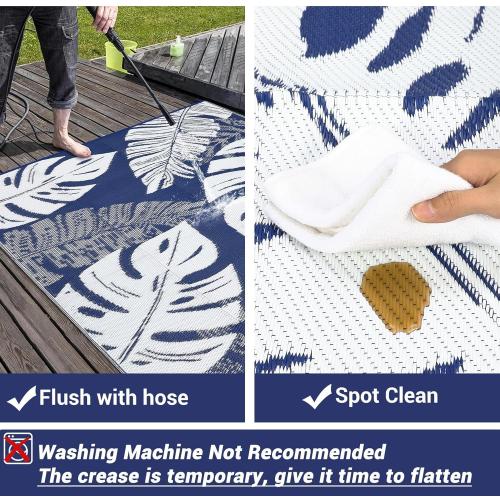 Patio Modern Leaf Print Outdoor Rug  Waterproof Large Reversible Camping Mat Foldable Lightweight Plastic Straw Outdoor Rug for Deck, Picnic, Porch, Balcony, Beach, Rv，Navy/White