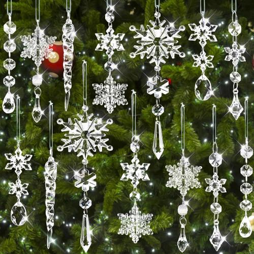 Christmas Tree Decorations Crystal Ornaments - 20Pcs Sparkling Christmas Ornaments Set Hanging Icicle Snowflake Ornaments for Xmas Tree Winter Wonderland Decorations Holiday Home Decor, Pre-Strung