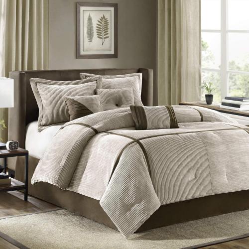 Queen Madison Park Cozy Comforter Set Casual Blocks Design All Season, Matching Bed Skirt, Decorative Pillows, Dallas Corduroy, Taupe Brown, 7 Piece